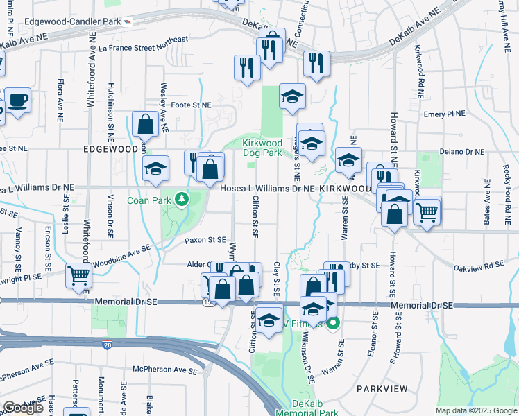 map of restaurants, bars, coffee shops, grocery stores, and more near 34 Clifton Street Southeast in Atlanta