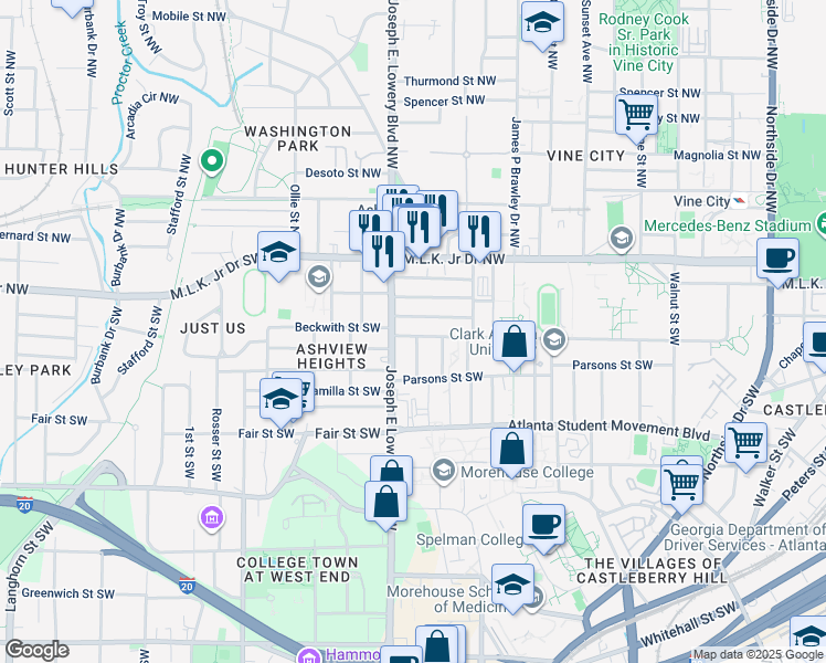 map of restaurants, bars, coffee shops, grocery stores, and more near 897 Drummond Street Southwest in Atlanta