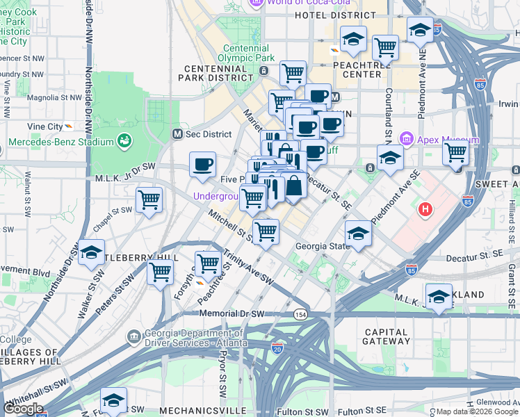 map of restaurants, bars, coffee shops, grocery stores, and more near 63 Peachtree Street Southwest in Atlanta