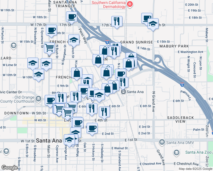 map of restaurants, bars, coffee shops, grocery stores, and more near 949 East Santa Ana Boulevard in Santa Ana