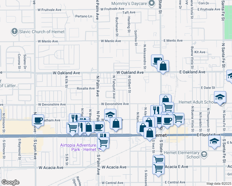 map of restaurants, bars, coffee shops, grocery stores, and more near 530 West Devonshire Avenue in Hemet