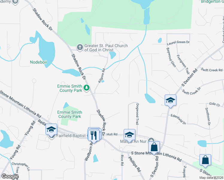 map of restaurants, bars, coffee shops, grocery stores, and more near 5990 Valley Green Road in Lithonia