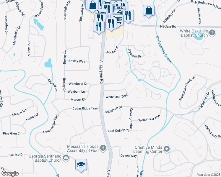 map of restaurants, bars, coffee shops, grocery stores, and more near 4732 White Oak Path in Stone Mountain