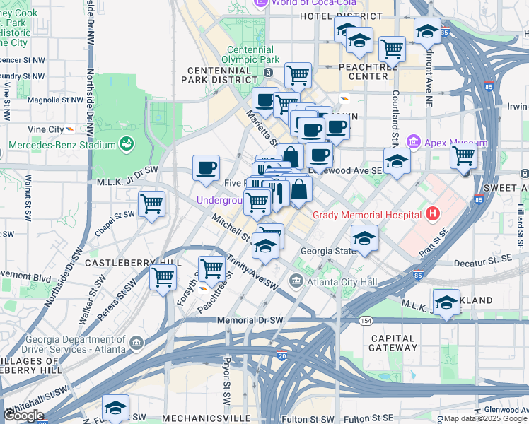 map of restaurants, bars, coffee shops, grocery stores, and more near 63 Peachtree Street Southwest in Atlanta