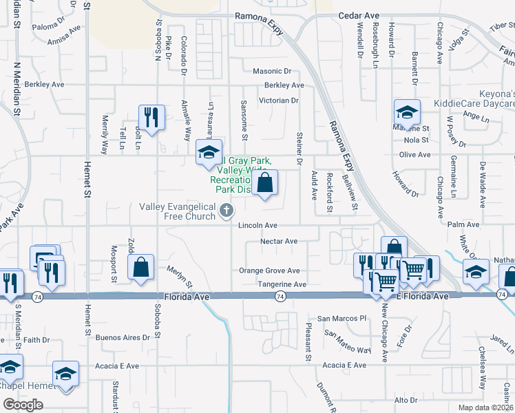 map of restaurants, bars, coffee shops, grocery stores, and more near 5444 Broderick Court in Hemet