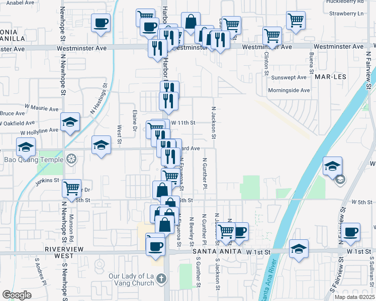 map of restaurants, bars, coffee shops, grocery stores, and more near 3622 Hazard Avenue in Santa Ana