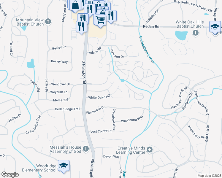 map of restaurants, bars, coffee shops, grocery stores, and more near 4793 White Oak Path in Stone Mountain