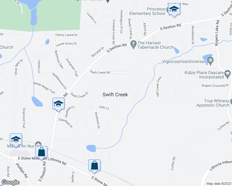 map of restaurants, bars, coffee shops, grocery stores, and more near 1346 Swift Creek Lane in Lithonia