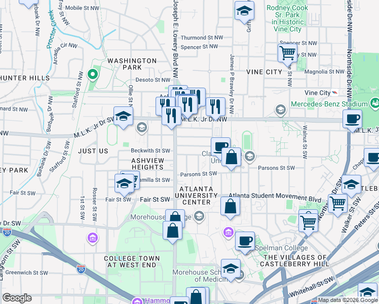 map of restaurants, bars, coffee shops, grocery stores, and more near 897 Drummond Street Southwest in Atlanta