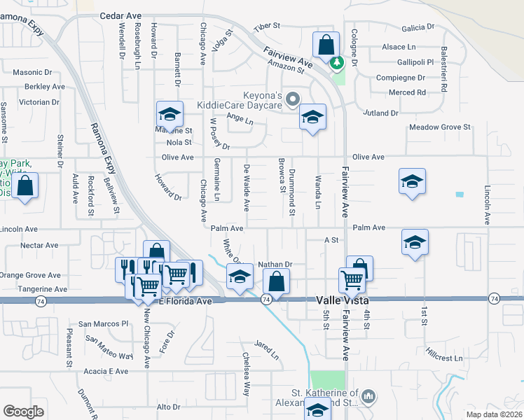 map of restaurants, bars, coffee shops, grocery stores, and more near 43703 Knight Court in Hemet