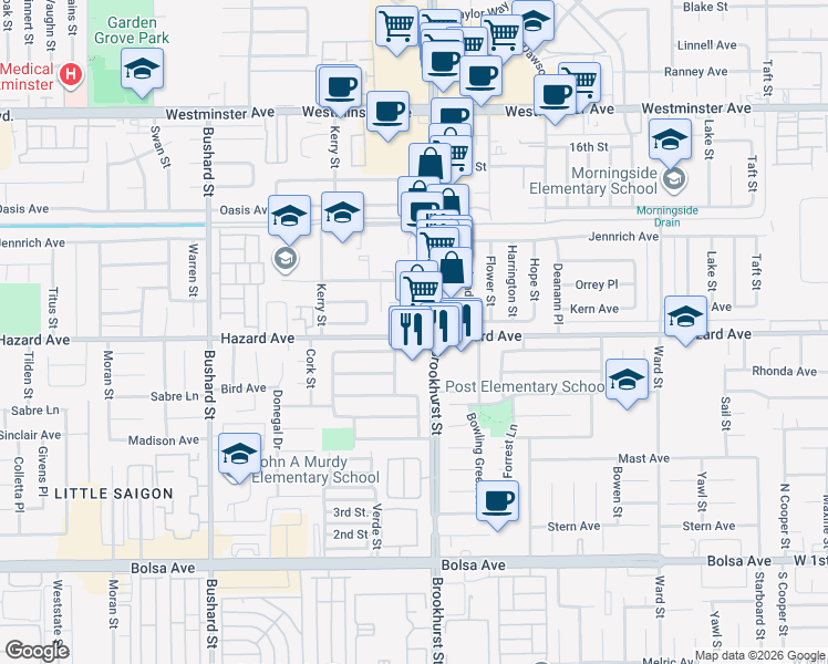 map of restaurants, bars, coffee shops, grocery stores, and more near 14441 Brookhurst Street in Garden Grove