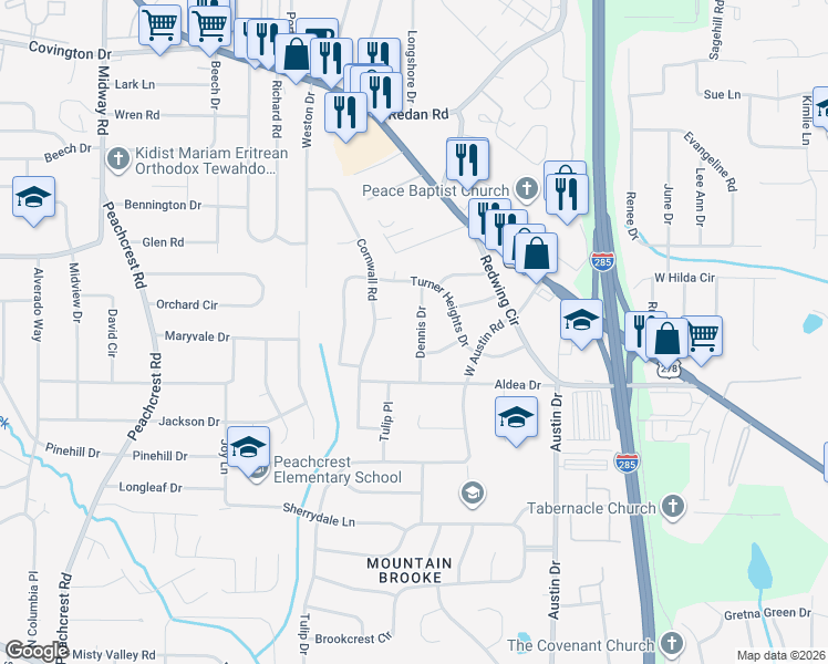 map of restaurants, bars, coffee shops, grocery stores, and more near 3658 Cornwall Court in Decatur