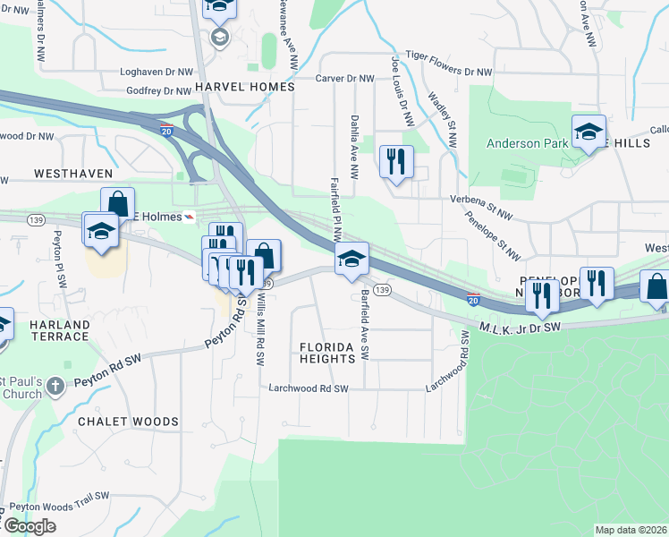 map of restaurants, bars, coffee shops, grocery stores, and more near Martin Luther King Junior Drive Southwest in Atlanta
