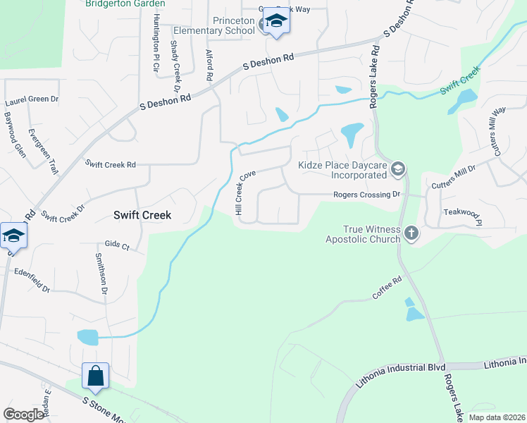 map of restaurants, bars, coffee shops, grocery stores, and more near 6844 Hill Creek Cove in Lithonia