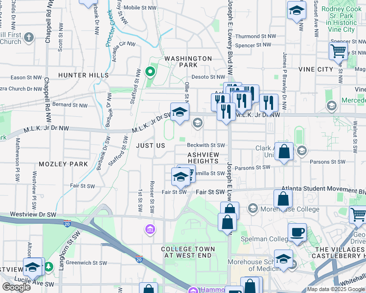 map of restaurants, bars, coffee shops, grocery stores, and more near 1026 Beckwith Street Southwest in Atlanta