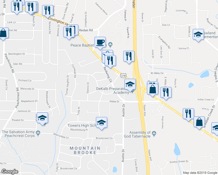 map of restaurants, bars, coffee shops, grocery stores, and more near 1376 West Austin Road in Decatur
