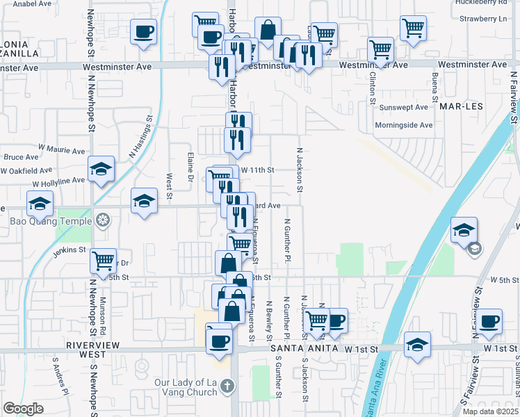 map of restaurants, bars, coffee shops, grocery stores, and more near 3622 Hazard Avenue in Santa Ana