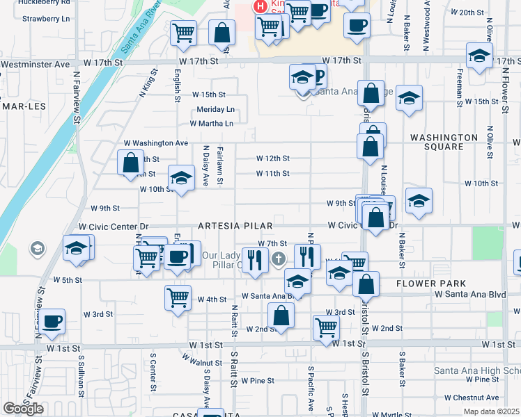 map of restaurants, bars, coffee shops, grocery stores, and more near 1702 West 9th Street in Santa Ana