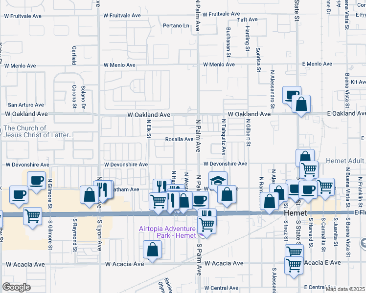map of restaurants, bars, coffee shops, grocery stores, and more near 1060 Rosalia Avenue in Hemet