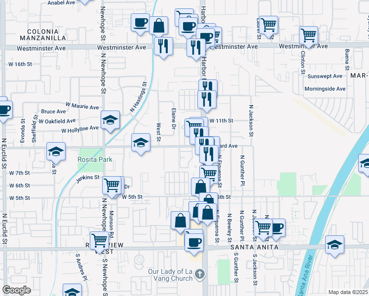 map of restaurants, bars, coffee shops, grocery stores, and more near 926 Willardson Way in Santa Ana