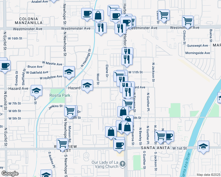 map of restaurants, bars, coffee shops, grocery stores, and more near 926 Willardson Way in Santa Ana