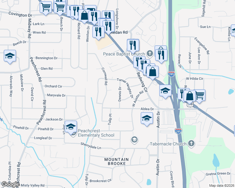 map of restaurants, bars, coffee shops, grocery stores, and more near 3658 Cornwall Court in Decatur