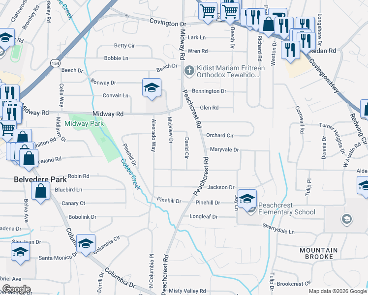 map of restaurants, bars, coffee shops, grocery stores, and more near 1382 Midview Drive in Decatur