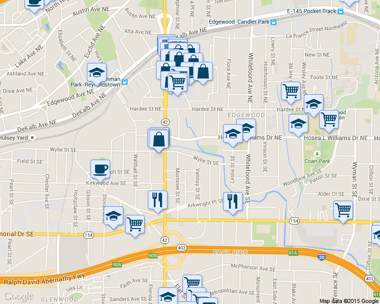 map of restaurants, bars, coffee shops, grocery stores, and more near 1247 Hosea L Williams Drive Southeast in Atlanta