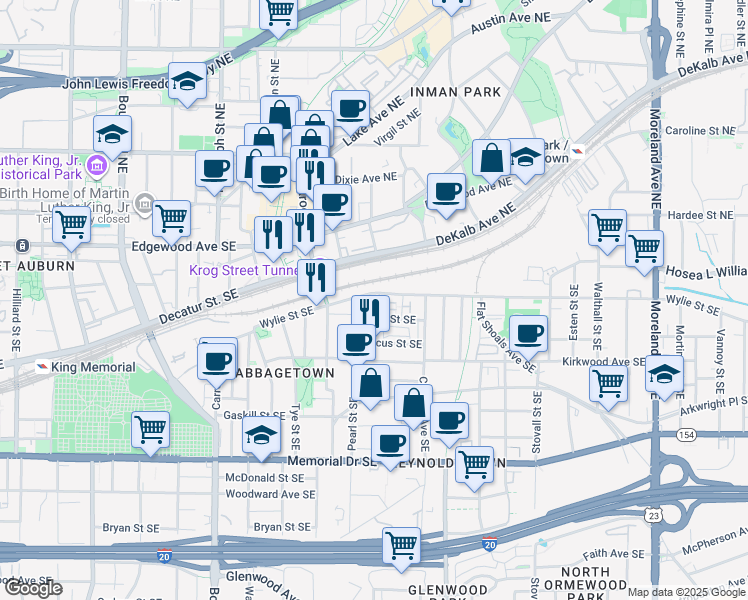 map of restaurants, bars, coffee shops, grocery stores, and more near 791 Wylie Street Southeast in Atlanta