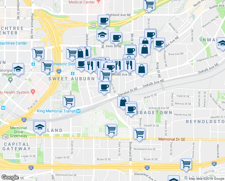 map of restaurants, bars, coffee shops, grocery stores, and more near 50 Daniel Street Southeast in Atlanta