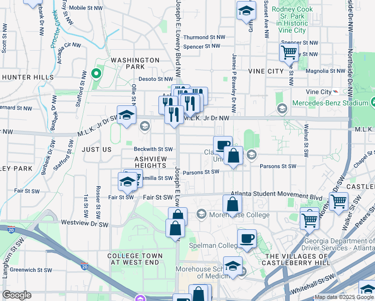 map of restaurants, bars, coffee shops, grocery stores, and more near 897 Drummond Street Southwest in Atlanta
