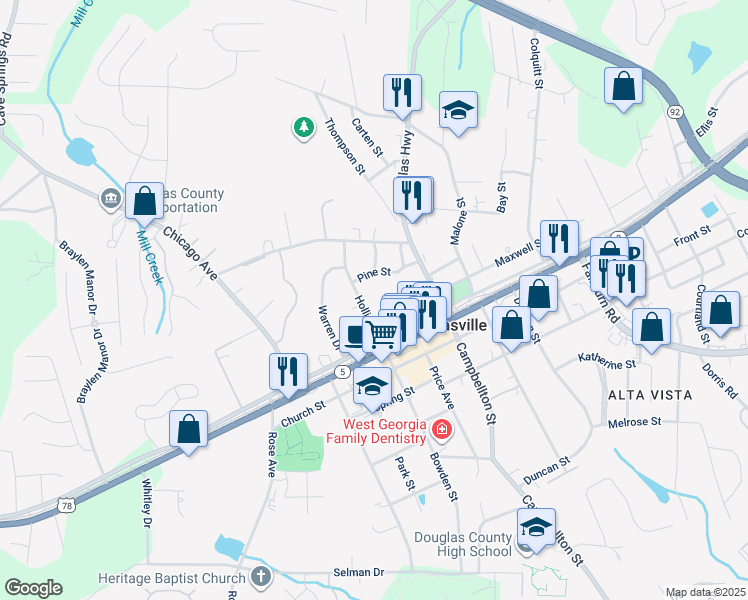 map of restaurants, bars, coffee shops, grocery stores, and more near 8313 92 Dallas Highway in Douglasville