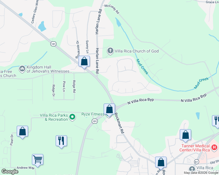 map of restaurants, bars, coffee shops, grocery stores, and more near 1002 Buckeye Lane in Villa Rica