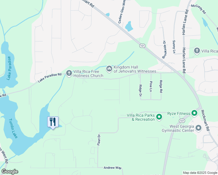 map of restaurants, bars, coffee shops, grocery stores, and more near 1509 Syble Drive in Villa Rica
