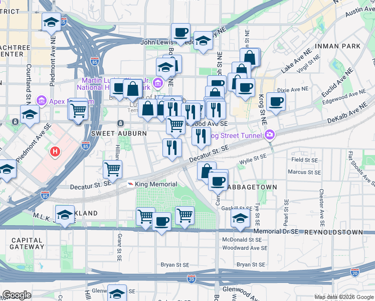 map of restaurants, bars, coffee shops, grocery stores, and more near 50 Daniel Street Southeast in Atlanta