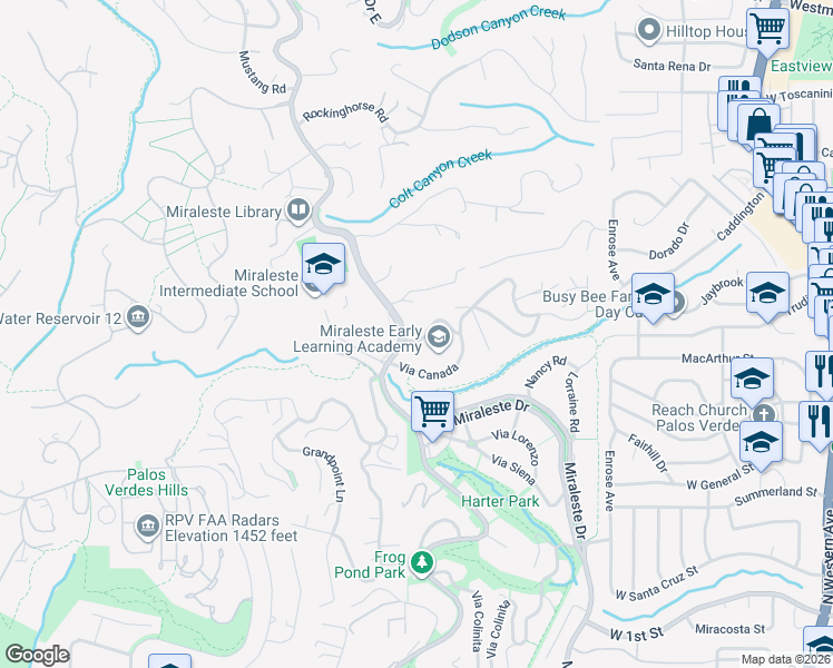 map of restaurants, bars, coffee shops, grocery stores, and more near 6201 Picardie Road in Rancho Palos Verdes