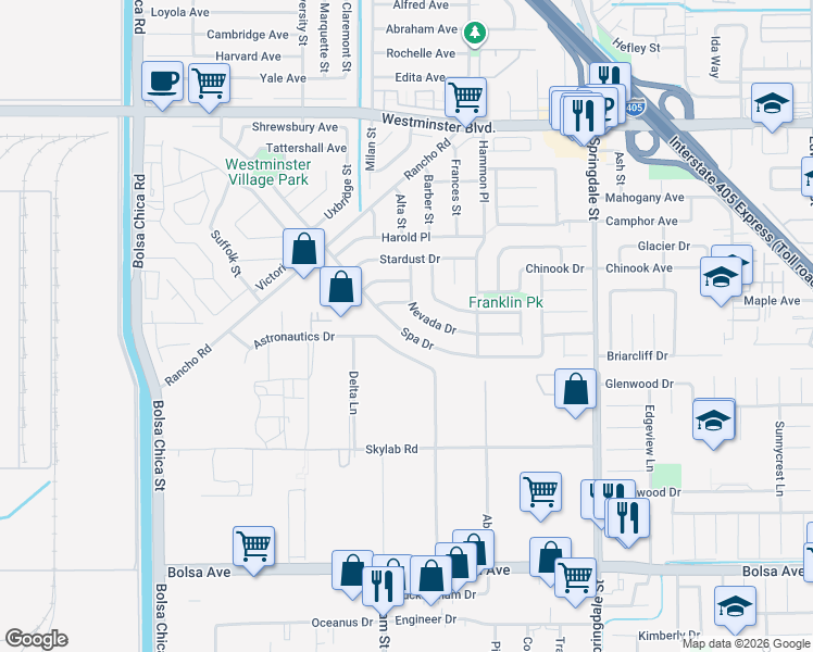 map of restaurants, bars, coffee shops, grocery stores, and more near 14492 Spa Drive in Huntington Beach