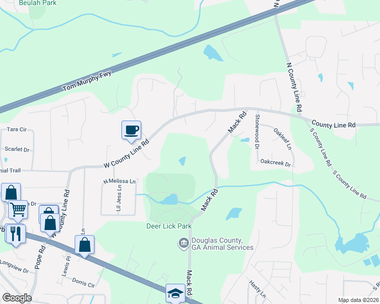 map of restaurants, bars, coffee shops, grocery stores, and more near 1921 Mack Road in Douglasville