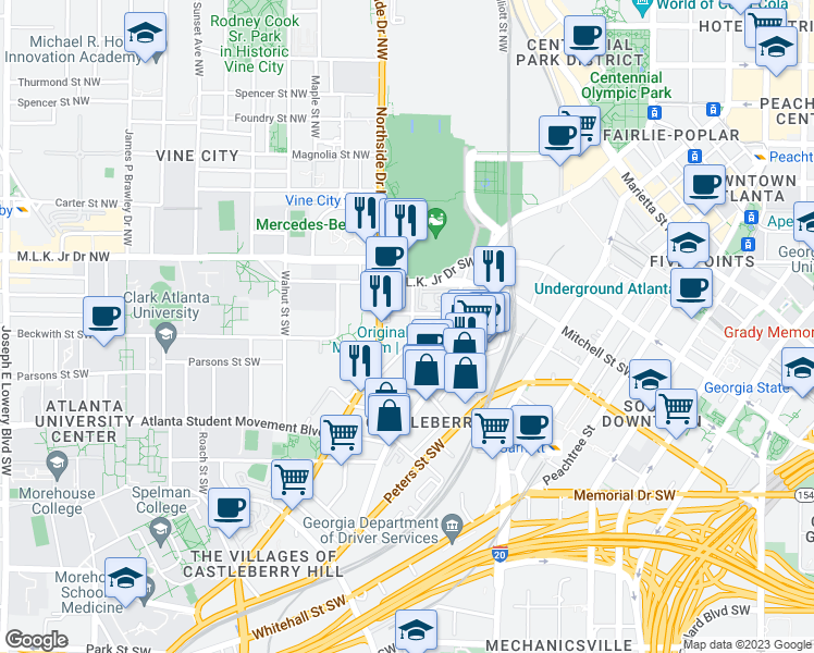map of restaurants, bars, coffee shops, grocery stores, and more near 445 Markham Street Southwest in Atlanta