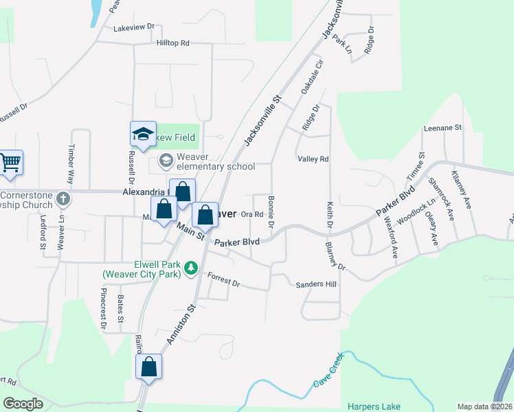 map of restaurants, bars, coffee shops, grocery stores, and more near 707 Olga Anne Drive in Weaver