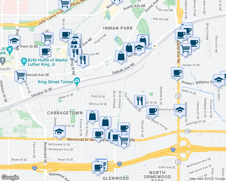 map of restaurants, bars, coffee shops, grocery stores, and more near 873 Wylie Street Southeast in Atlanta