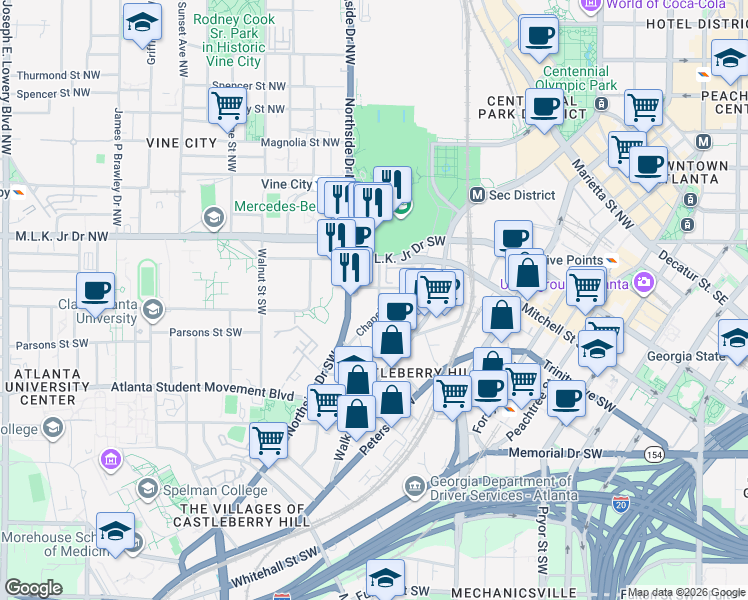 map of restaurants, bars, coffee shops, grocery stores, and more near 425 Chapel Street Southwest in Atlanta