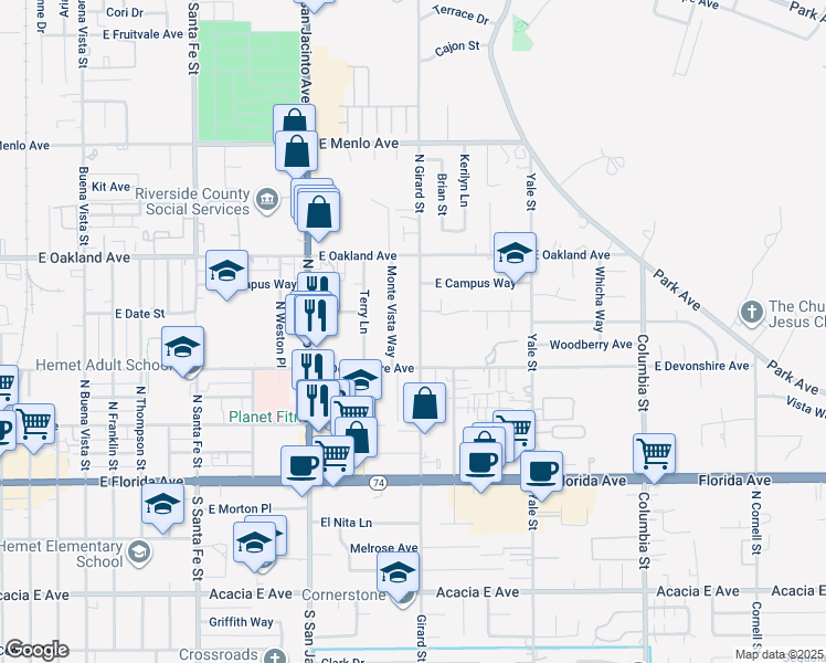 map of restaurants, bars, coffee shops, grocery stores, and more near 359 North Girard Street in Hemet