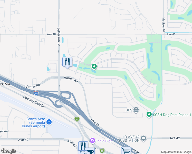 map of restaurants, bars, coffee shops, grocery stores, and more near 80362 Camino Santa Elise in Indio