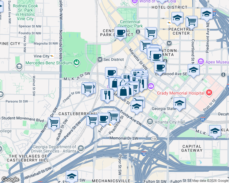map of restaurants, bars, coffee shops, grocery stores, and more near 77 Forsyth Street Southwest in Atlanta
