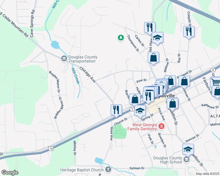 map of restaurants, bars, coffee shops, grocery stores, and more near 8405 Military Way in Douglasville