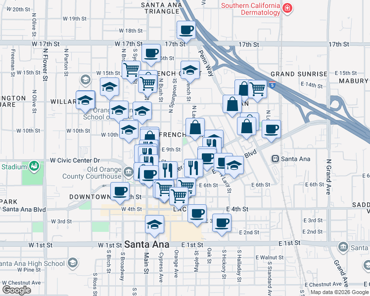 map of restaurants, bars, coffee shops, grocery stores, and more near 905 North Minter Street in Santa Ana
