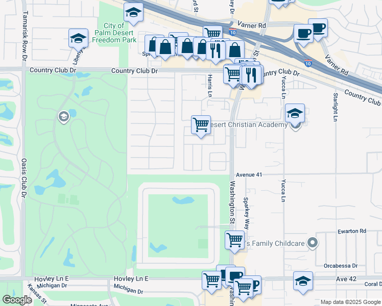 map of restaurants, bars, coffee shops, grocery stores, and more near 77818 Calypso Road in Palm Desert