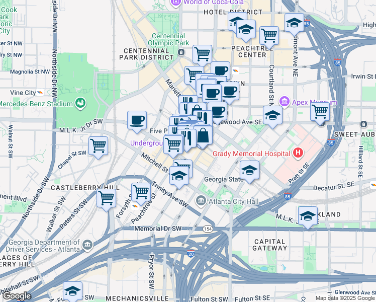 map of restaurants, bars, coffee shops, grocery stores, and more near 74 Peachtree Street Southwest in Atlanta
