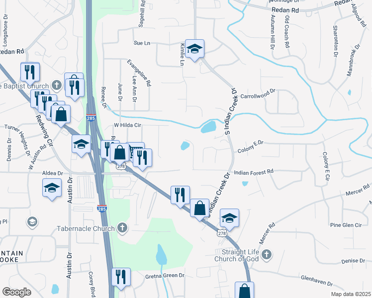 map of restaurants, bars, coffee shops, grocery stores, and more near 4050 Indian Creek Circle in Stone Mountain